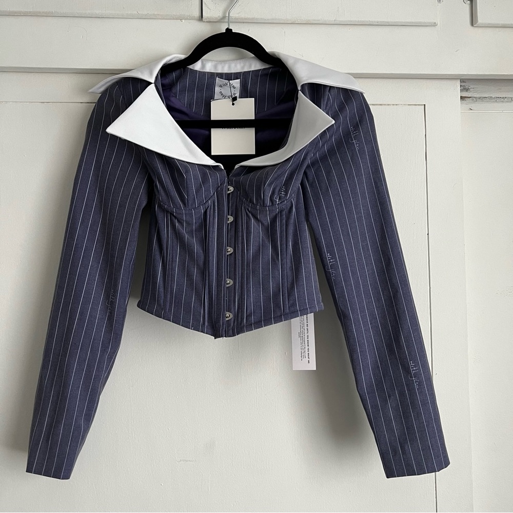 With Jean Navy Pinstripe Blazer Top